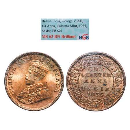 George V, Bronze, Quarter Anna, 1935, Calcutta Mint, No dot. F. Prid 675. GK 1195. NGS Sla