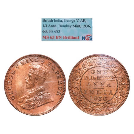 George V, Bronze, Quarter Anna, 1936, Bombay Mint, Dot. F. Prid 683. GK 1196. NGS Slabbed 