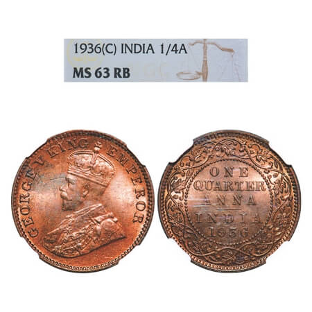 George V, Bronze, Quarter Anna, 1936, Calcutta Mint, No dot. F. Prid 676. GK 1197. NGC Sla