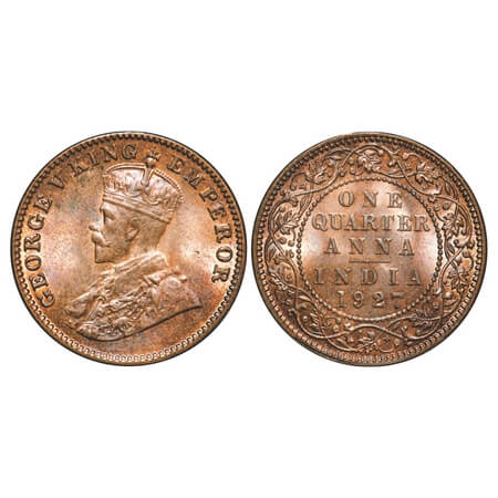 George V, Bronze, Quarter Anna, 1927, Calcutta Mint, No dot. F. Prid 668. GK 1186. Uncircu