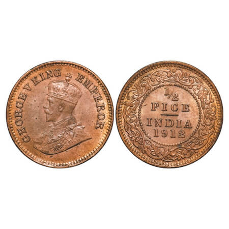 George V, Bronze, 1/2 Pice, 1912, Calcutta Mint, No mint mark, Die crack on Obv. F. Prid 7