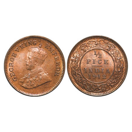 George V, Bronze, 1/2 Pice, 1912, Calcutta Mint, No mint mark. F. Prid 745. GK 1198. Uncir
