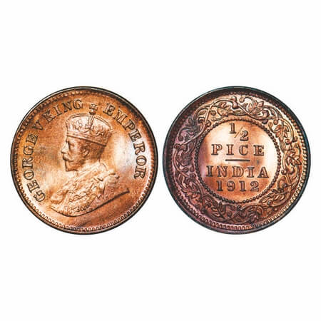 George V, Bronze, 1/2 Pice, 1912, Calcutta Mint, No mint mark. F. Prid 745. GK 1198. Brill