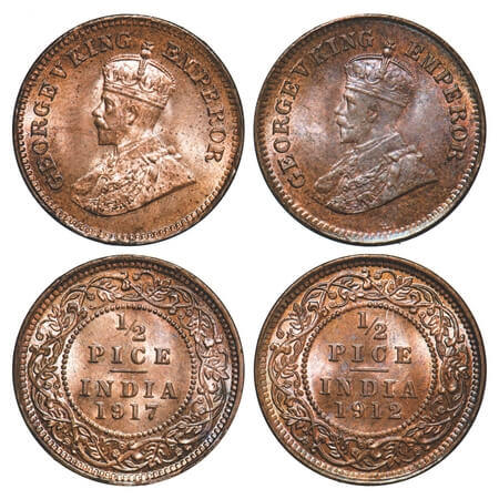 George V, Bronze, 1/2 Pice, (2 coins), 1912, 1917, Calcutta Mint, No mint mark. F. Prid 74