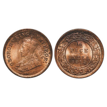 George V, Bronze, 1/2 Pice, 1914, Calcutta Mint, No mint mark. F. Prid 747. GK 1200. Uncir