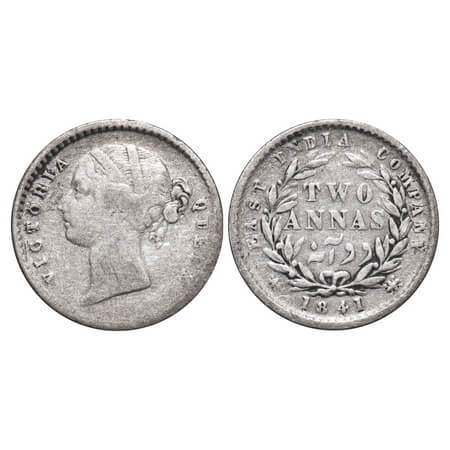 Victoria Queen, Silver, 2 Annas, 1841, DL, Calcutta Mint, W.W. raised, Wreath with 9 Berri