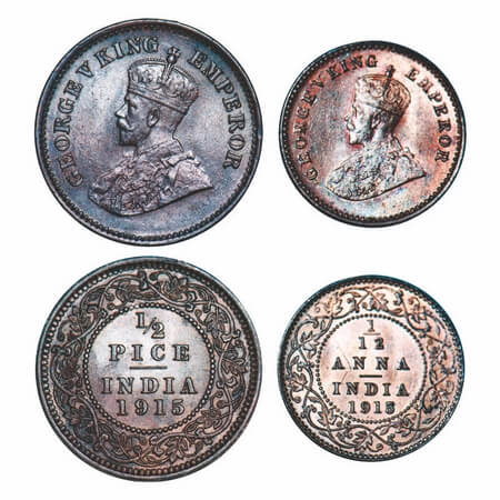 George V, Bronze, 1/2 Pice & 1/12 Anna, (2 coins), 1915, Calcutta Mint, 1) No mint mark, 2