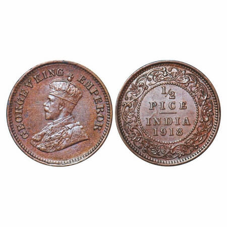 George V, Bronze, 1/2 Pice, 1918, Calcutta Mint, No mint mark. F. Prid 751. GK 1204. Almos