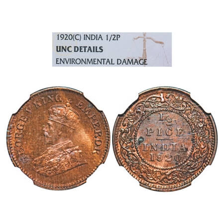 George V, Bronze, 1/2 Pice, 1920, Calcutta Mint, No mint mark. F. Prid 753. GK 1206. NGC S