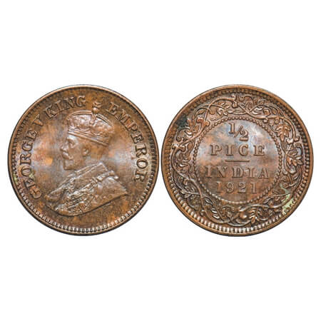 George V, Bronze, 1/2 Pice, 1921, Calcutta Mint, No mint mark, Ghost on Rev. F. Prid 754. 
