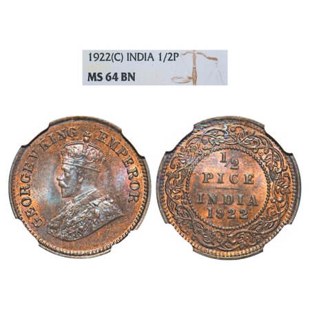 George V, Bronze, 1/2 Pice, 1922, Calcutta Mint, No mint mark. F. Prid 755. GK 1208. NGC S