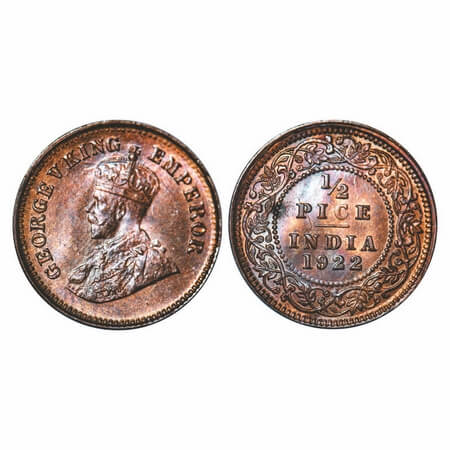 George V, Bronze, 1/2 Pice, 1922, Calcutta Mint, No mint mark. F. Prid 755. GK 1208. Brill