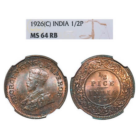 George V, Bronze, 1/2 Pice, 1926, Calcutta Mint, No mint mark, Die rotation on Rev. F. Pri