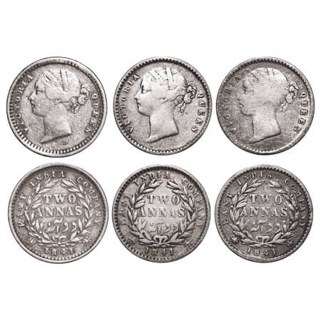 Victoria Queen, Silver, 2 Annas, 1841, DL, (3 coins), 1 & 2) Calcutta Mint, W.W. raised, w
