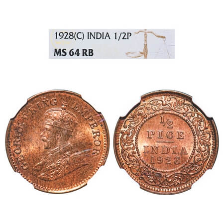 George V, Bronze, 1/2 Pice, 1928, Calcutta Mint, No mint mark. F. Prid 761. GK 1214. NGC S