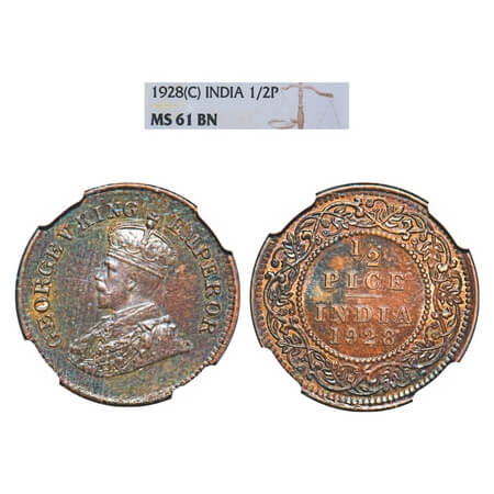 George V, Bronze, 1/2 Pice, 1928, Calcutta Mint, No mint mark. F. Prid 761. GK 1214. NGC S