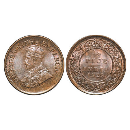 George V, Bronze, 1/2 Pice, 1929, Calcutta Mint, No mint mark, Ghost on Rev. F. Prid 762. 