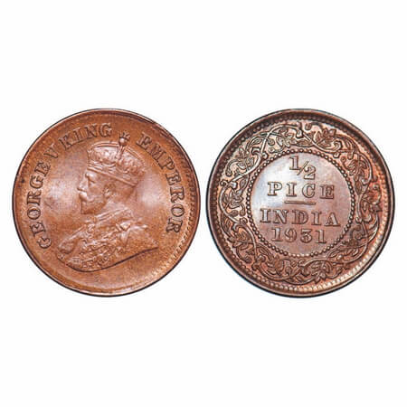 George V, Bronze, 1/2 Pice, 1931, Calcutta Mint, No mint mark. F. Prid 764. GK 1217. Uncir