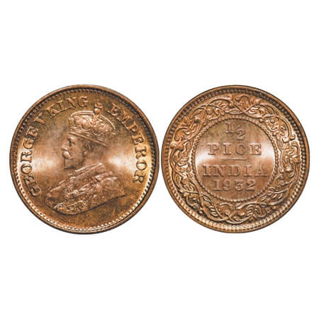 George V, Bronze, 1/2 Pice, 1932, Calcutta Mint, No mint mark. F. Prid 765. GK 1218. Brill