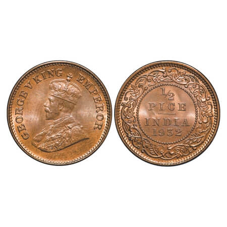 George V, Bronze, 1/2 Pice, 1932, Calcutta Mint, No mint mark, Ghost on Rev. F. Prid 765. 