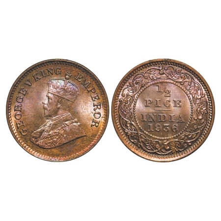 George V, Bronze, 1/2 Pice, 1936, Calcutta Mint, No mint mark. F. Prid 769. GK 1222. Brill