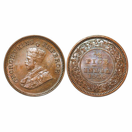 George V, Bronze, 1/2 Pice, 1936, Calcutta Mint, No mint mark. F. Prid 769. GK 1222. Uncir