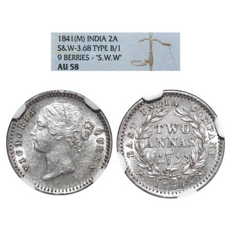 Victoria Queen, Silver, 2 Annas, 1841, DL, Madras Mint, 'S' incused, W.W. raised, Wreath w
