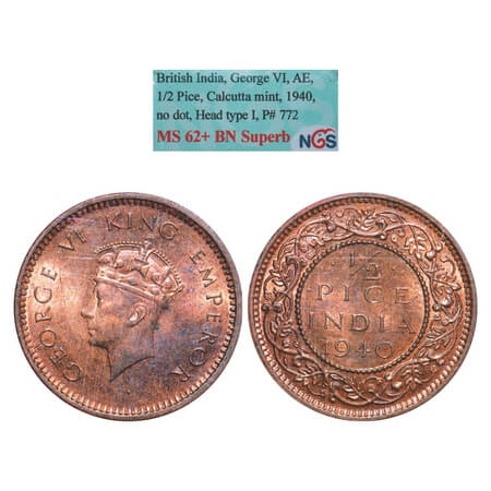 George VI, Bronze, 1/2 Pice, 1940. Calcutta Mint, Head Type I, No dot. F. Prid 772. GK 145