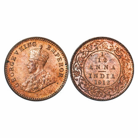 George V, Bronze, 1/12 Anna, 1912, Calcutta Mint, No dot. F. Prid 827. GK 1223. Uncirculat
