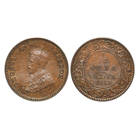 George V, Bronze, 1/12 Anna, 1913, Calcutta Mint, No dot, Die crack on Obv and Rev, Ghost 