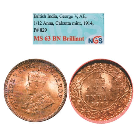 George V, Bronze, 1/12 Anna, 1914, Calcutta Mint, No dot. F. Prid 829. GK 1225. NGS Slabbe