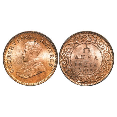 George V, Bronze, 1/12 Anna, 1915, Calcutta Mint, No dot. F. Prid 830. GK 1226. Brilliant 