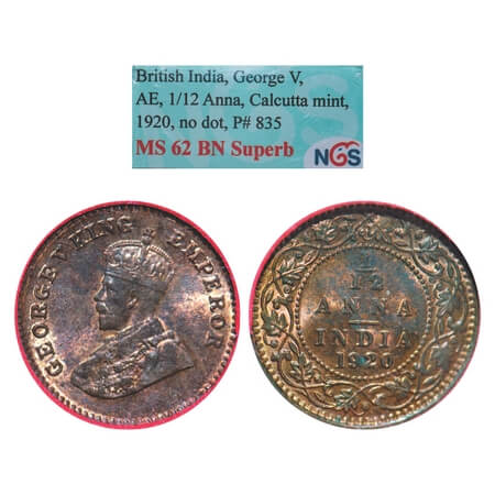 George V, Bronze, 1/12 Anna, 1920, Calcutta Mint, No dot. F. Prid 835. F. Prid GK 1231. NG