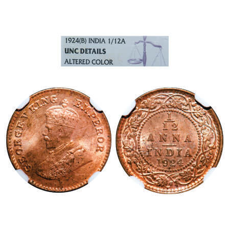 George V, Bronze, 1/12 Anna, 1924, Bombay Mint, Dot. F. Prid 852. GK 1235. NGC Slabbed UNC
