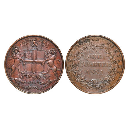 Victoria Queen, Copper, Quarter Anna, 1857, R. Heaton & Sons., Birmingham Mint, Two leaves