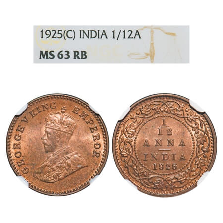 George V, Bronze, 1/12 Anna, 1925, Calcutta Mint, No dot. F. Prid 839. GK 1238. NGC Slabbe