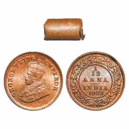 George V, Bronze, 1/12 Anna, 1933, (Roll of 24 coins), Calcutta Mint, No dot. Roll of 24 c