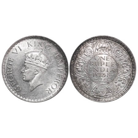 George VI, Silver, Rupee, 1938, Bombay Mint, A/I, No dot, Milled edge. F. Prid 233. GK 125