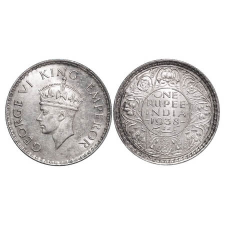 George VI, Silver, Rupee, 1938, Bombay Mint, A/I, No dot, Milled edge. F. Prid 233. GK 125