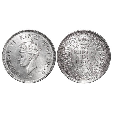 George VI, Silver, Rupee, 1938, Bombay Mint, A/I, No dot, Milled edge. F. Prid 233. GK 125