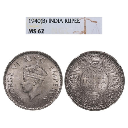 George VI, Half Silver, Rupee, 1940, Bombay Mint, A(a)/I, Dot, Security edge. F. Prid 237.