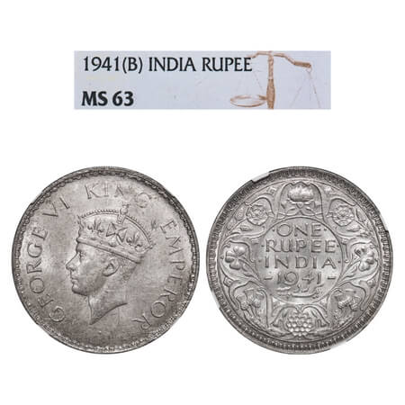 George VI, Half Silver, Rupee. 1941, Bombay Mint, A(a)/I, Dot, Security edge. F. Prid 238.