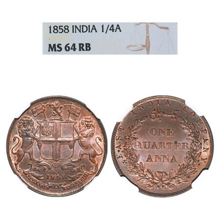 Victoria Queen, Copper, Quarter Anna, 1858, J. Watt & Co., Birmingham Mint, Single leaf, Y
