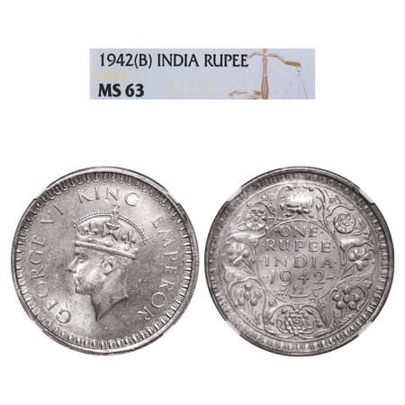 George VI, Half Silver, Rupee. 1942, Bombay Mint, B(a)/II, Diamond, Security edge, The fir