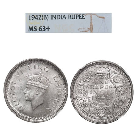 George VI, Half Silver, Rupee, 1942, Bombay Mint, B(a)/II, Diamond, Secuirty edge. F. Prid