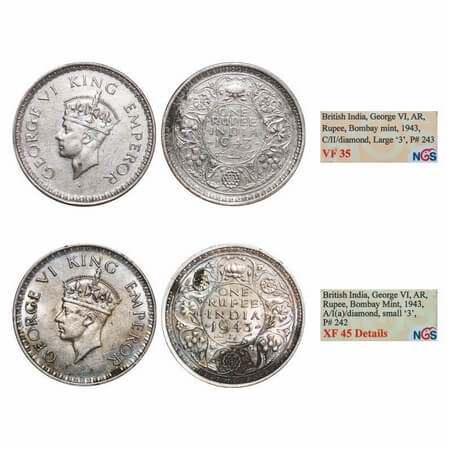 George VI, Half Silver, Rupee, (2 slabs), 1943, 1) Bombay Mint, A(b)/II, Diamond, Security