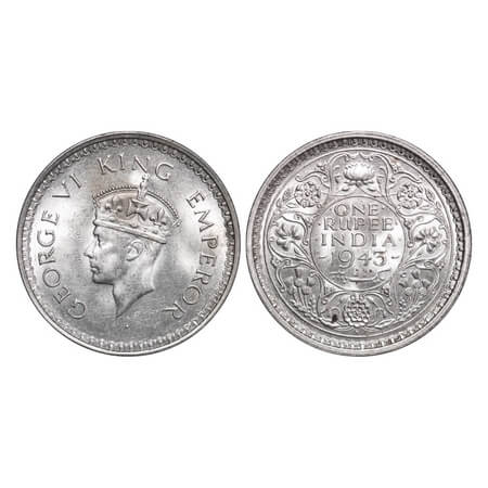 George VI, Half Silver, Rupee, 1943, Bombay Mint, C/III, Diamond Mint mark, Security edge,