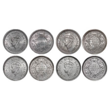 George VI, Half Silver, Rupee, (4 coins), 1944, 1 & 2) Bombay Mint, C/III, Diamond, Securi