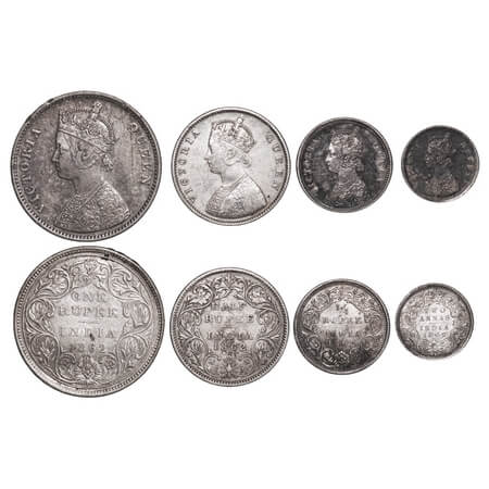 Victoria Queen, Silver, Rupee, Half Rupee, 1/4 Rupee, 2 Annas, (4 coins), 1862, 1) Rupee, 
