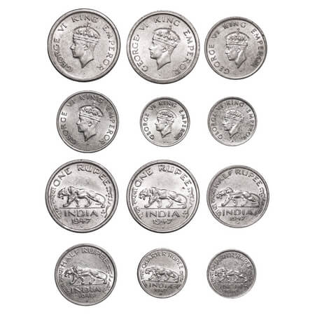 George VI, Nickel, Rupee, Half Rupee, 1/4 Rupee, (6 coins), 1 & 2) Rupee, 1947, Bombay Min